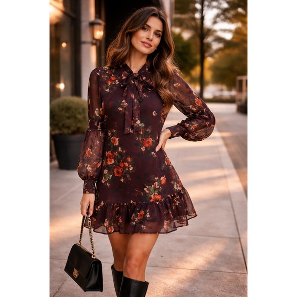 Walter Baker Dresses & Skirts - Walter Baker Floral Mini Dress Sheer Sleeve Tie Neck Ruffle Hem Large